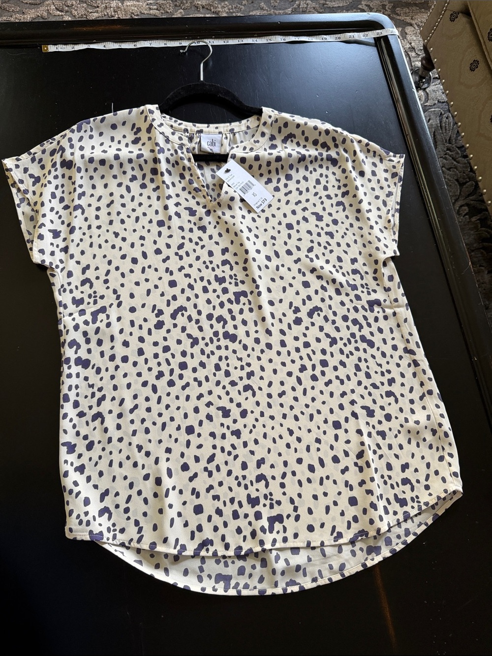 CAbi meow top  Ivory Short Sleeve V-Neck Blouse with purple Spot Print